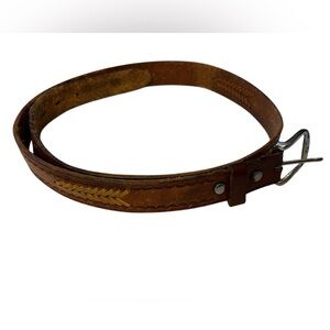 Brown Leather Belt with Silver Buckle and Decorative Braided Stitching